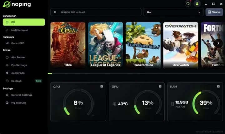 Official NoPing client interface showing games, utilities, and system monitoring
